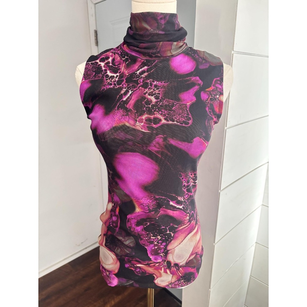 Fuzzi Tank Top Womens Medium Purple Floral Mesh Turtleneck Sheer Stretch Italy